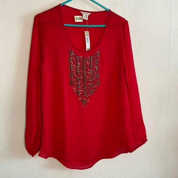 Ariat Top Women’s Medium Red Embellished SemiSheer Blouse Western Rodeo Cowgirl - Picture 2 of 13